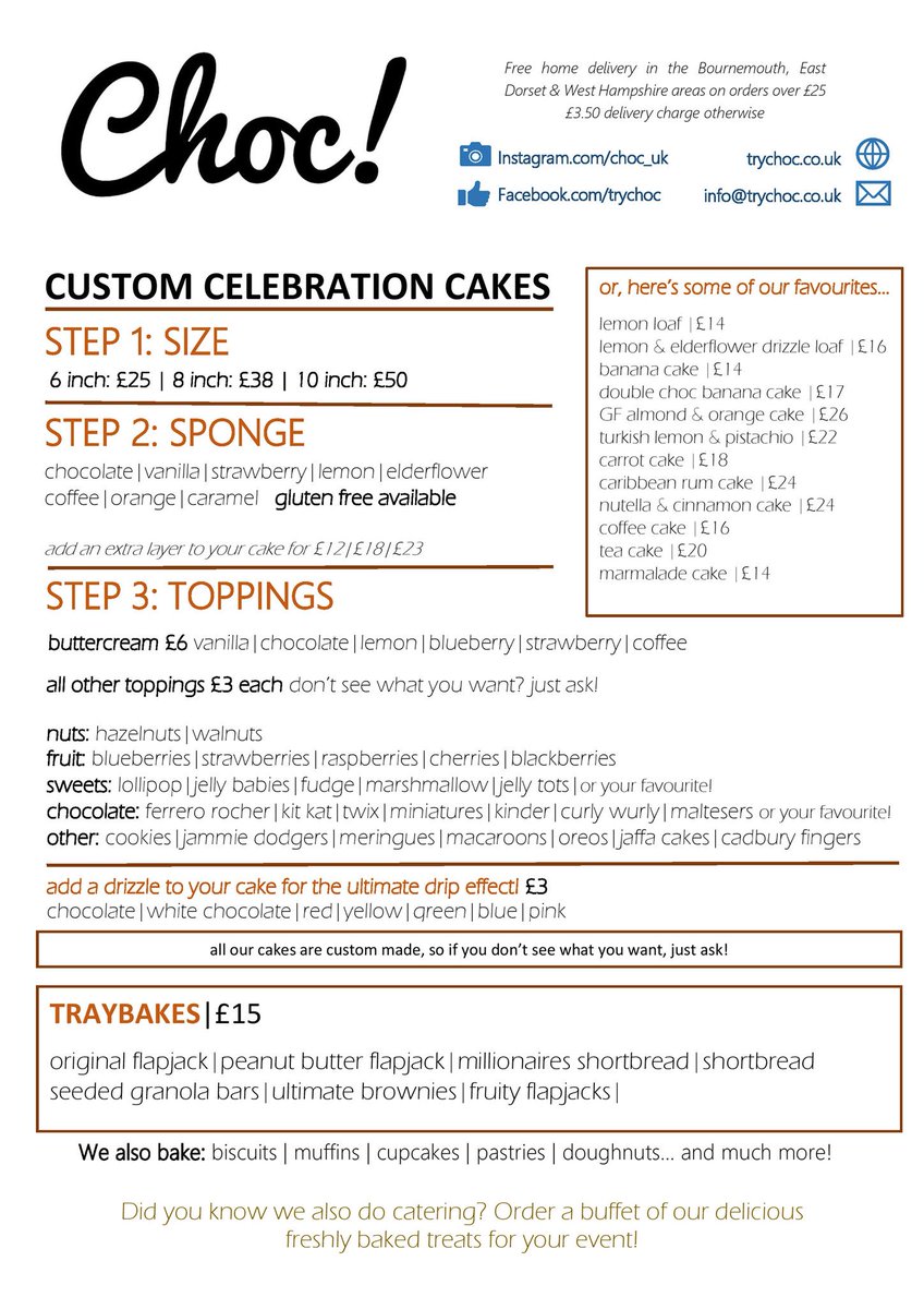 tryCHOC's tweet image. We now have a fantastic easy-to-read menu so you can design your own custom cake. Orders accepted over email, web, instagram, facebook and twitter #Bournemouth #cake #dorsetfood #cakedelivery