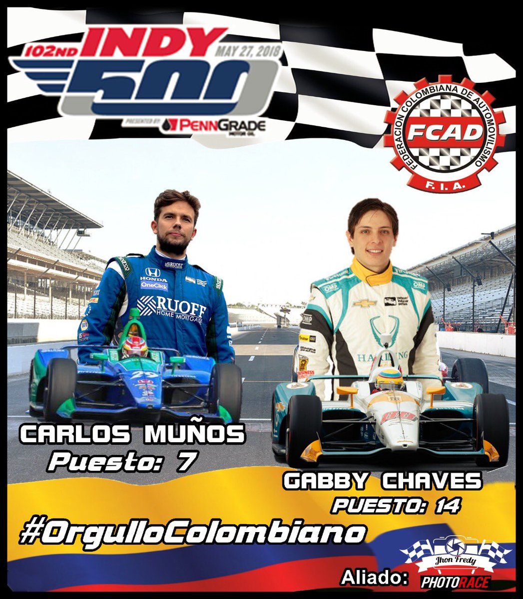 fedeautos's tweet photo. @fedeautos felicita a @CarlosMunoz034 y @GabbyChaves por su presentación en la edición 102 de las 500 Millas de Indianápolis. Grandes embajadores del automovilismo nacional #ColombiaEnIndy 🇨🇴🏁 https://t.co/JV6y3en7tB
