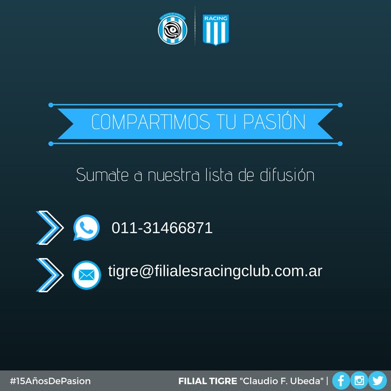 #Redes | "Compartimos tu pasión"

Sumate a nuestra lista de difusión para estar al tanto de absolutamente todo. (Días de partido, horarios de micros, reserva de entradas, abonos, etc.)

#VamosAcademia 💙⚪️💙

👇 👇👇👇