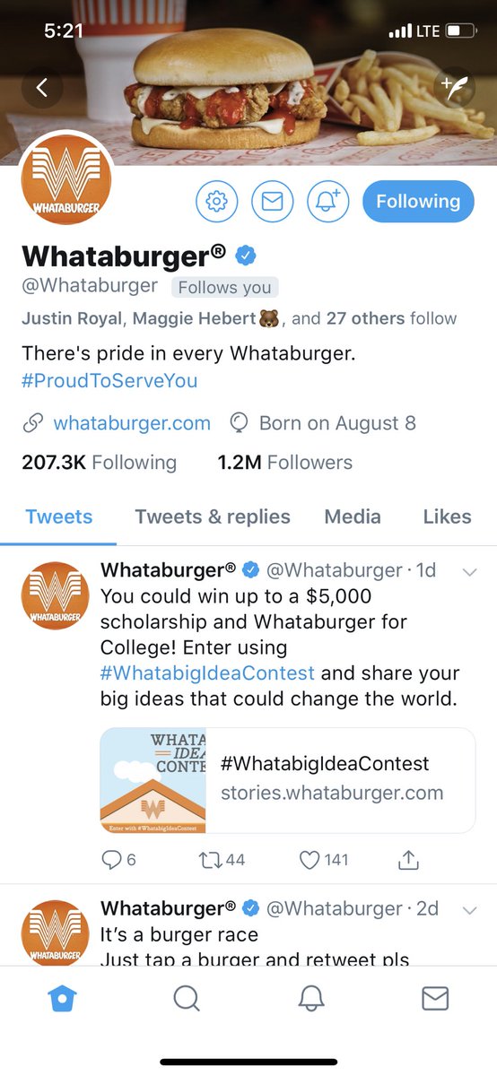 bjack479's tweet photo. Haven’t been on twitter in a year and @Whataburger still follows me. Life’s great 👌🏻 #proudtexanmoment https://t.co/CQrv4DqFer