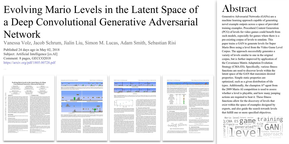 arxivtrends's tweet photo. 🤖 Evolving Mario Levels in the Latent Space of a Deep Convolutional Generative Adversarial Network
✍️ Vanessa Volz et al.
🔗 https://t.co/7qy1ARBvJT
#ArtificialIntelligence #GenerativeAdversarialNetwork #ProceduralContentGeneration #Mario #CMAES #Game #csAI #csNE https://t.co/vMbQE9sTGP