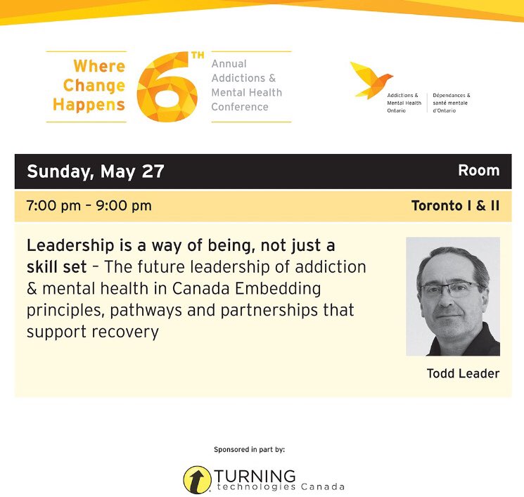 TSFdn2017's tweet photo. Excited to hear @ToddLeader1 speak about mental health & Addiction tonight in Toronto at #AMHO2018 #TSF2017 https://t.co/leJtiP0oxX