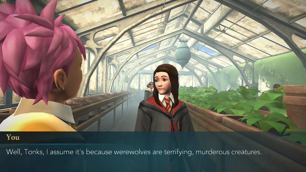 GraceCallan's tweet photo. Playing the Harry Potter mobile game (so good, no judgement), and someone asks my character why another character is afraid of werewolves. This is possibly the best sassy automatic response I’ve seen in the game yet. 😂⚡️ #harrypotter #harrypottermobilegame #sass #werewolves https://t.co/OpwkHlCtMM