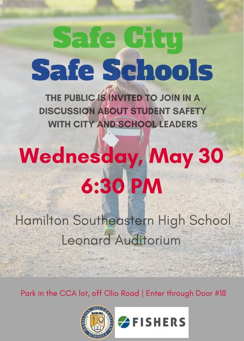 HSESchools's tweet photo. Join HSE Schools Superintendent Dr. Allen Bourff and Fishers Mayor Scott Fadness for a discussion on student safety on Wednesday, May 30 at 6:30PM at HHS. Hear about current measures in place and what can be done to improve security.  Community members are encouraged to attend. https://t.co/HlRApq165N