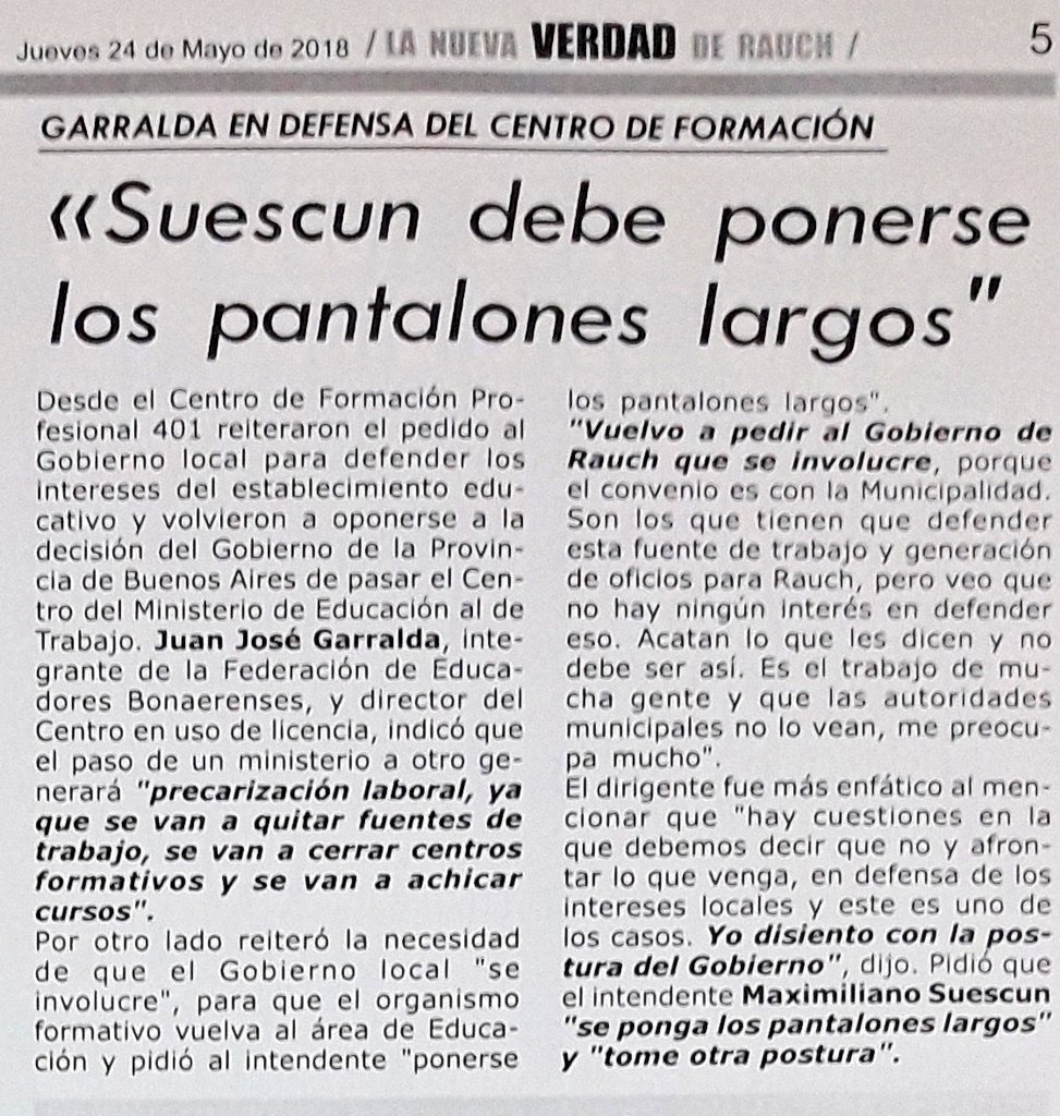 AIzquierdoRauch's tweet photo. #RAUCH Más presión para el intendente @maxisuescun Pir decisión del Gobierno de @mariuvidal de pasar Centros de Formación de Educación al Ministerio de Trabajo, @GarraldaJose pidió intervención dek Municipio. Dijo que el intendente "debe ponerse los pantalones largos" https://t.co/sz4Y8pBIk2