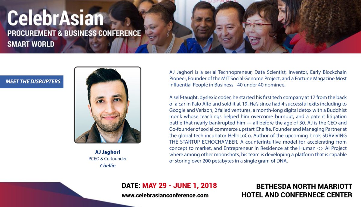 USPAACC's tweet photo. Another fantastic speaker to be joining our deeply talented #CELEB18 "Disrupters" panel is AJ Jaghori, a serial technopreneur, data scientist, inventor, blockchain pioneer, Founder of MIT Social Genome Project, and those are only but a few things out of many you can say about AJ. https://t.co/hwuWM2K0ky