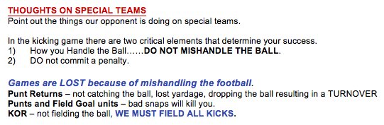 CoachJacksonTPW's tweet photo. Notes from a Bill Belichick meeting on the importance of THE BALL &amp; penalties in the kicking game.  IT'S ABOUT THE BALL! 
#everythingmatters
#78percent https://t.co/UGcrolgiwc
