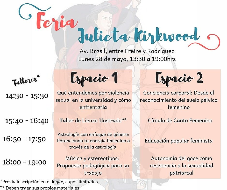 CegesexPUCV's tweet photo. Dejamos con ustedes los talleres que se realizaran MAÑANA en la FERIA FEMINISTA JULIETA KIRKWOOD, además tendremos diferentes stands durante toda la jornada. Para los demás días visita nuestra evento en que encontrarás toda la info
https://t.co/HSbbGvLI9b

#SemanaFeministaV https://t.co/ZxihRsiRdO