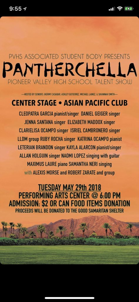 pvhspanthers_'s tweet photo. Hey Panthers! This Tuesday @ 6:00 PM is “PANTHERCHELLA” the 2018 Pioneer Valley Talent Show! Admission is only $2 -or- FREE with a can food donation! Give back and enjoy the night as we headline Panther Talent! 🎶🗣🎸🎤🎹🎭💃🏼 https://t.co/krewcNE8Vt