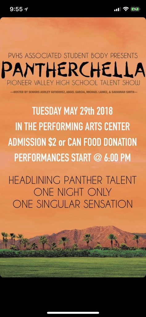 pvhspanthers_'s tweet photo. Hey Panthers! This Tuesday @ 6:00 PM is “PANTHERCHELLA” the 2018 Pioneer Valley Talent Show! Admission is only $2 -or- FREE with a can food donation! Give back and enjoy the night as we headline Panther Talent! 🎶🗣🎸🎤🎹🎭💃🏼 https://t.co/krewcNE8Vt