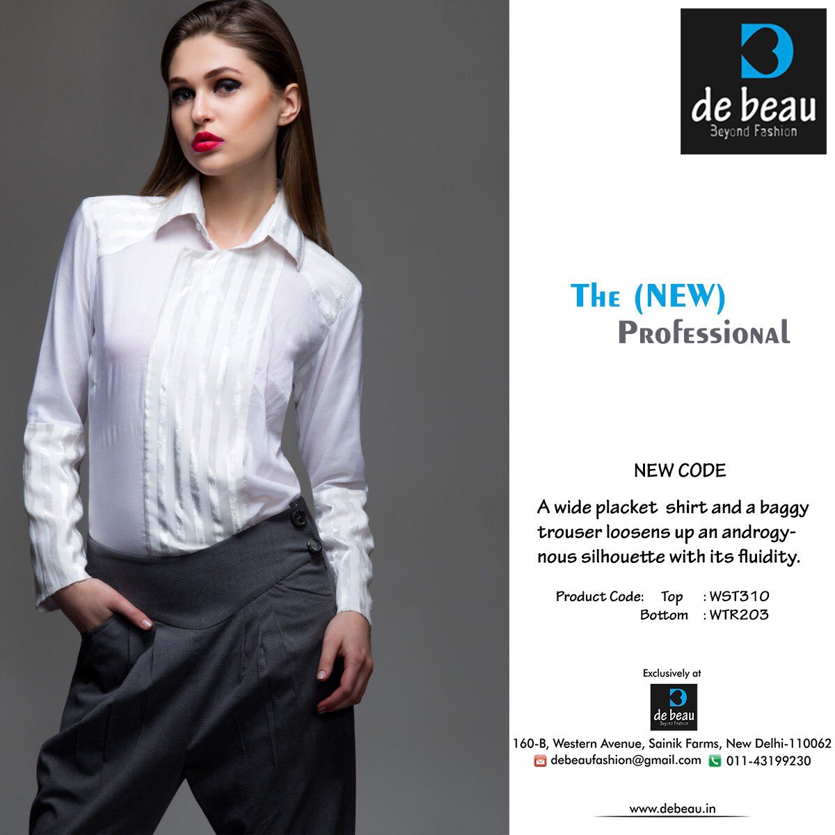 debeaufashion's tweet photo. A wide placket shirt and a baggy trouser..@debeau.in #debeau #brand #powerdressing #bhavnasharma #beyondfashion #fashionstudio #sainikfarms #wlcicollege #professional #white #grey #shirt #trousers #pleats #placket #widecuffshirt #newlook #mondaymotivation https://t.co/oMzTXylCvM