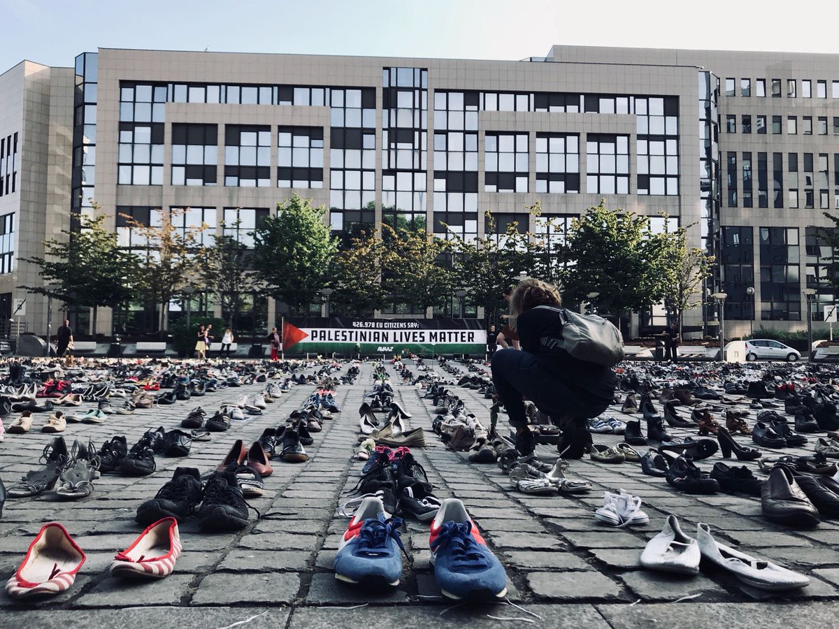 Avaaz's tweet photo. Good morning EU Foreign Ministers -- will you come visit the Palestinian Lives Matter Monument at Place Jean Rey before your council meeting today? 4500 shoes for every person killed in the Israel-Palestine conflict since 2009. https://t.co/K2L94aMDW1