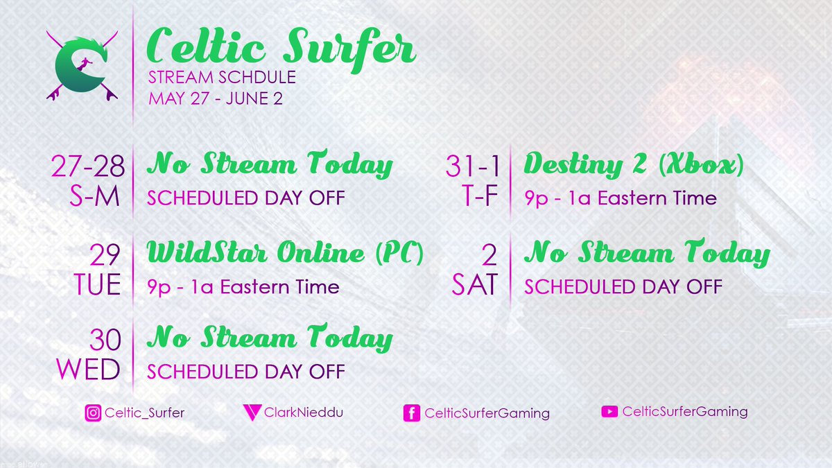 Celtic_Surfer's tweet photo. Stream Schedule: May 27 - June 2, 2018.

https://t.co/nS1BNSTtKN

#SurfShack #community @theSHEDteam @13th_Sign @ForgedDawn #mixerstreamer #gamer #streamer https://t.co/DooddvKh4q