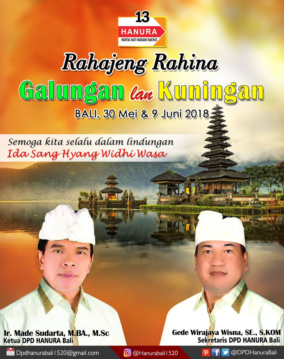 DPDHanuraBali's tweet photo. . 🙏
DPD Partai Hanura Prov. BALI.
Mengucapkan :
Selamat Merayakan Hari Raya Suci Galungan dan Kuningan.
Semoga Kita Selalu dalam Lindungan IDA SANG HYANG WIDHI WASA.
.
Bangkit,
Jaya,
Menang,
HANURA !
.
#Bali #Indonesia #Budaya #RahinaGalungan #RahinaKuningan #Hanura13angkit https://t.co/2EMLuvl4H0