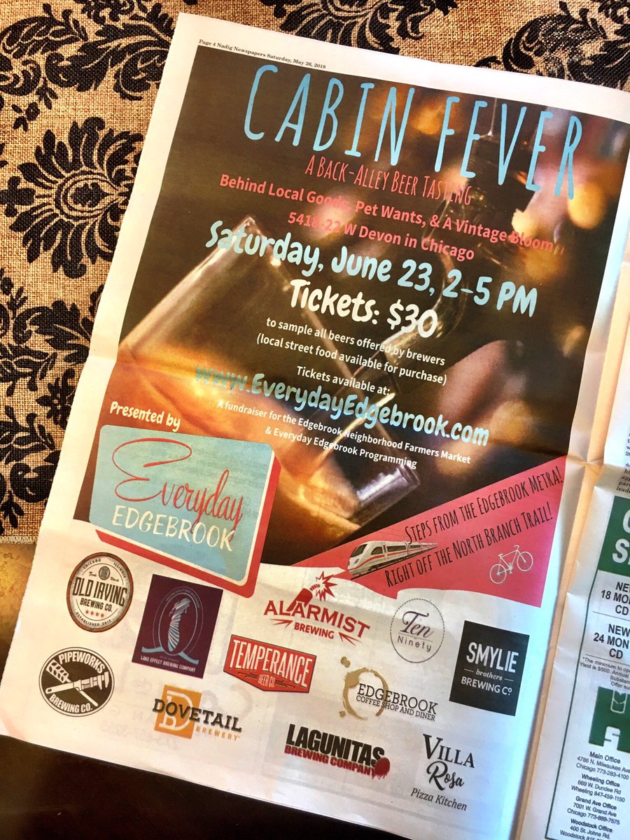 Edgebrook & Chicago’s Far NW Side (@edgebrookchgo) on Twitter photo Everyday Edgebrook’s Cabin Fever Beer Tasting returns Sat 6/23, 2-5pm. Get tickets: bit.ly/CabinFever2018…
Beer from <a href="/OldIrvingBeer/">Old Irving Brewing Co.</a>, <a href="/LakeEffect_LLC/">Lake Effect Brewing</a>, @AlarmistBrewing, <a href="/TemperanceBeer/">Temperance Beer Co.</a>, <a href="/Ten90Brewing/">Ten Ninety Brewing</a>, <a href="/SmylieBros/">SmylieBrosBrewingCo</a>, <a href="/PipeworksBrewin/">Pipeworks Brewing Co</a>, <a href="/dovetailbrewery/">Dovetail Brewery</a>, & <a href="/lagunitasbeer/">LAGUNITAS BREWING CO</a> for $30. Everyday Edgebrook’s Cabin Fever Beer Tasting returns Sat 6/23, 2-5pm. Get tickets: bit.ly/CabinFever2018…
Beer from <a href="/OldIrvingBeer/">Old Irving Brewing Co.</a>, <a href="/LakeEffect_LLC/">Lake Effect Brewing</a>, @AlarmistBrewing, <a href="/TemperanceBeer/">Temperance Beer Co.</a>, <a href="/Ten90Brewing/">Ten Ninety Brewing</a>, <a href="/SmylieBros/">SmylieBrosBrewingCo</a>, <a href="/PipeworksBrewin/">Pipeworks Brewing Co</a>, <a href="/dovetailbrewery/">Dovetail Brewery</a>, & <a href="/lagunitasbeer/">LAGUNITAS BREWING CO</a> for $30.