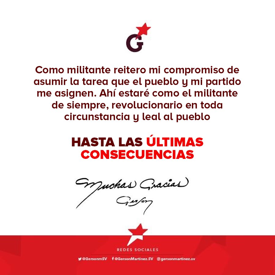 GersonmSV's tweet photo. Felicito al compañero @HugoMartinezSV, por haber resultado electo como el candidato de nuestro partido @FMLNoficial. Agradezco a quienes me brindaron su voto de confianza y felicito a la militancia por esta expresión de civismo. https://t.co/akfpAjI83K