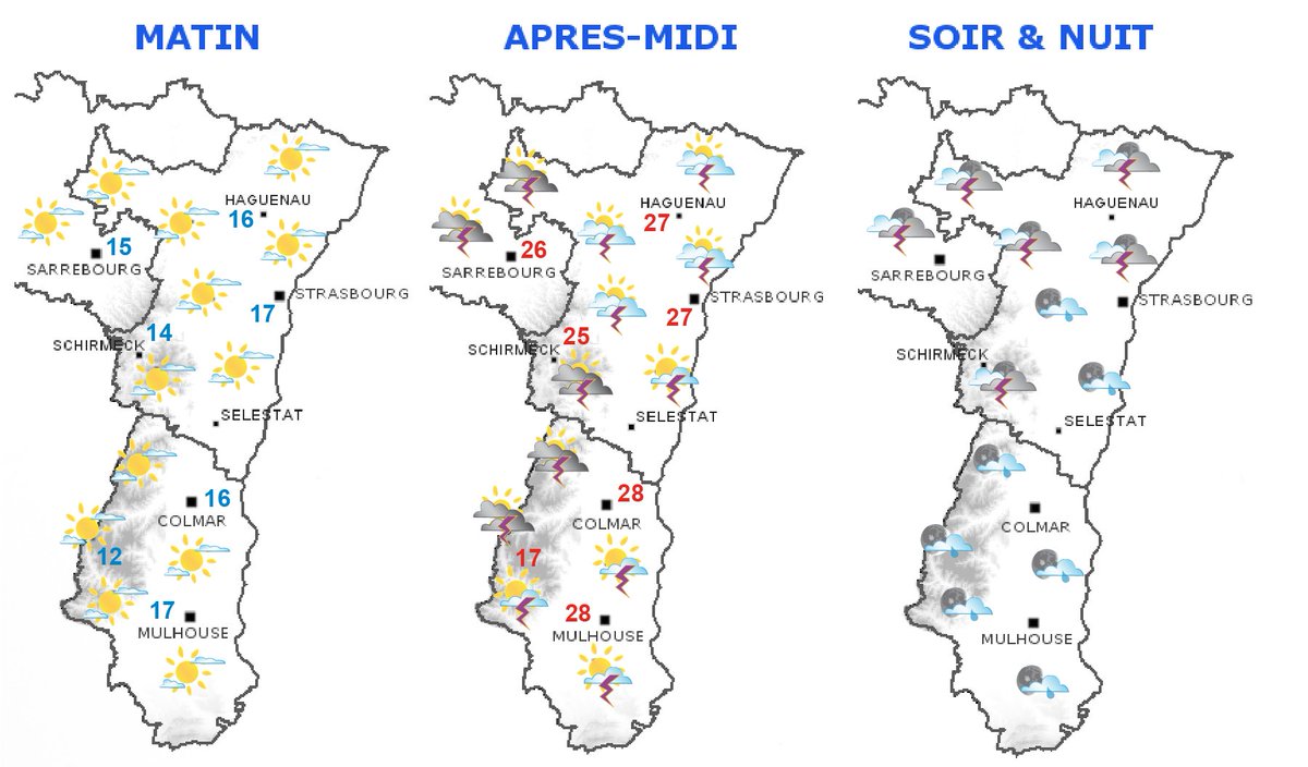 manutopmusic's tweet photo. #meteo #Atmorisk Attention aux orages forts aujourd’hui. La journée débute sous le soleil, mais cet après-midi des orages localement forts, éclateront surtout sur le Bas-Rhin. On attend de la grosse grêle et des pluies violentes Matin : 13 à 19° Après-midi : 26 à 30° #Alsace https://t.co/aeJdZTeMWH