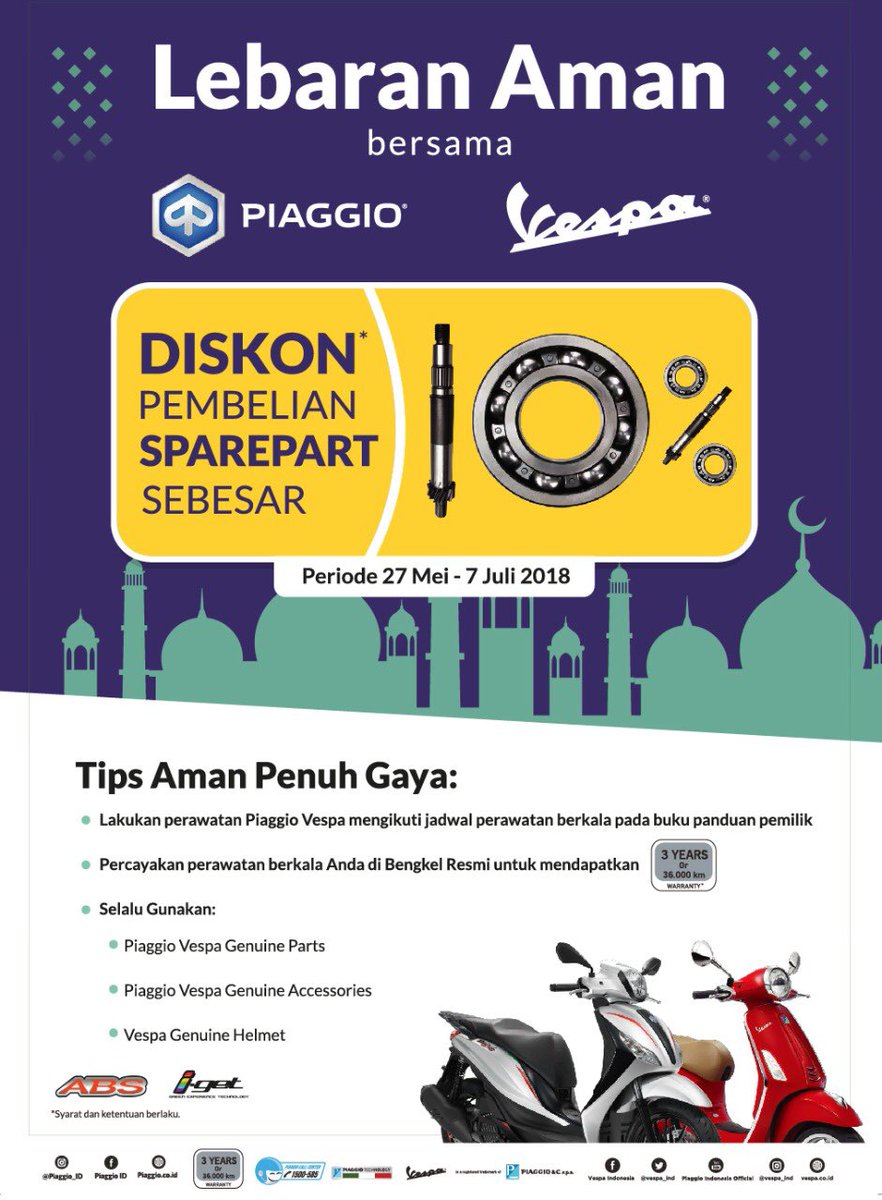 Lebaran Aman
dapatkan Voucher belanja Spare-part Original #Piaggio - #Vespa Senilai 10%
periode 27 Mei- 7 Juni 2018

#vespabali #vespaindonesia