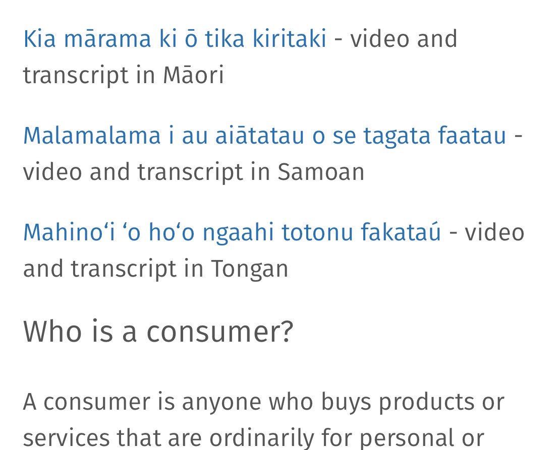 Key consumer rights explained in Sāmoan - spoken and written. You have to scroll and click to find it, but it’s worth the effort. Happy #SāmoanLanguageWeek consumerprotection.govt.nz/general-help/l…