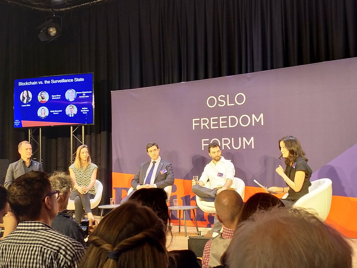 4wheeler44's tweet image. Blockchain vs. the Surveillance State @laurashin @ryaneshea @deseventral @galiabenartzi @ArthurB at #OsloFF #demtech