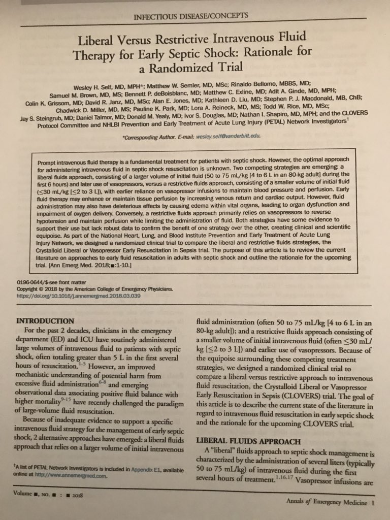 nathanconradie's tweet photo. Great article in Annals of Emergency Medicine with a current look at fluid strategies and upcoming trial. I still think a restrictive approach to fluids will be the way of the future and I think the CLOVERS trial will have similar results as the FEAST, SSSPT and CLASSIC. https://t.co/eO8eIxPPjU