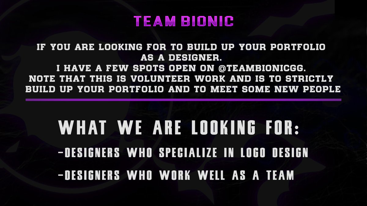 Vertex1HD's tweet image. @TeamBionicGG Note that this is volunteer work and is to strictly build up your portfolio and meet new people. Contact me or @TeamBionicGG if Interested.

#GFX #TeamGraphics @FlyRts @RelayRetweets @FatalRTs @WaveformGaming #free