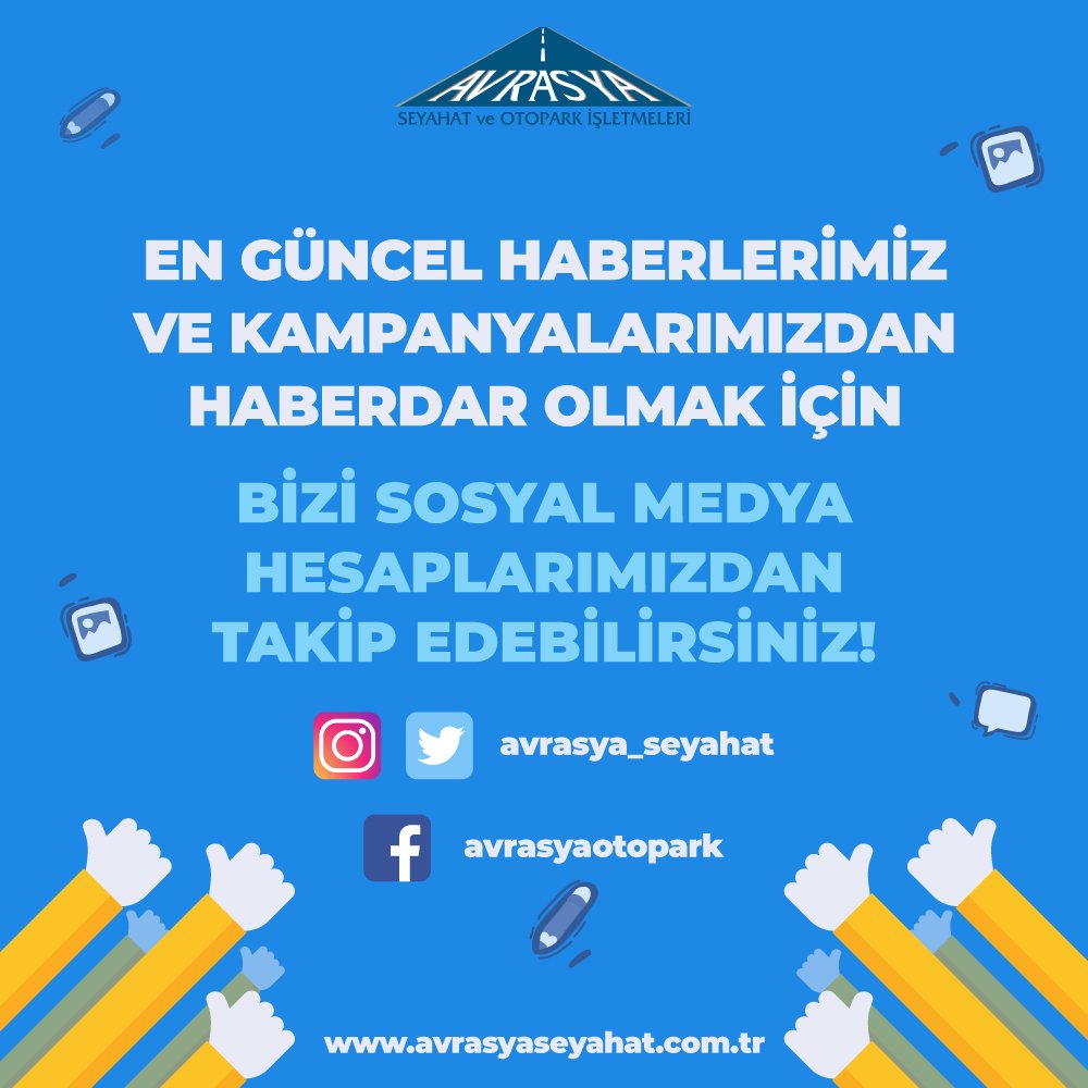 En güncel haberlerimiz ve kampanyalarımızdan haberdar olmak için bizi sosyal medya hesaplarımızdan takip edebilirsiniz! #avrasyaseyahat #avrasyaseyahatsosyalmedya #otopark #otoparkrezervasyonu