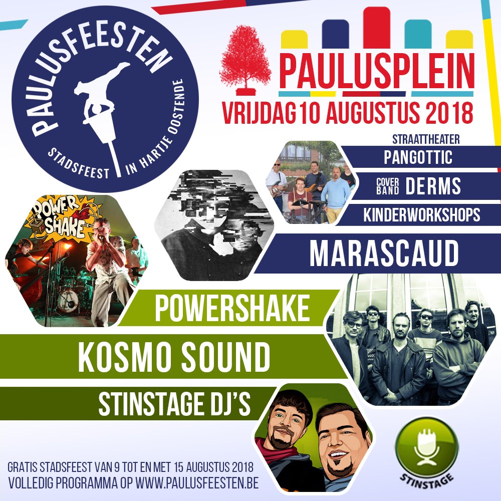 Paulusfeesten's tweet photo. Frisse elektronica, dub en blues op de 2de Paulusdag! #KOSMOSOUND, #POWERSHAKE, #MARASCAUD, #DERMS en #STINSTAGEDJS op vrijdag 10 augustus - #paulusplein

46ste #Paulusfeesten - 9 t.e.m. 15 augustus 2018 -  #Oostende Gratis stadsfeest met #LukaBloom, #LesTruttes en veel meer! https://t.co/GakRDq2hZ6