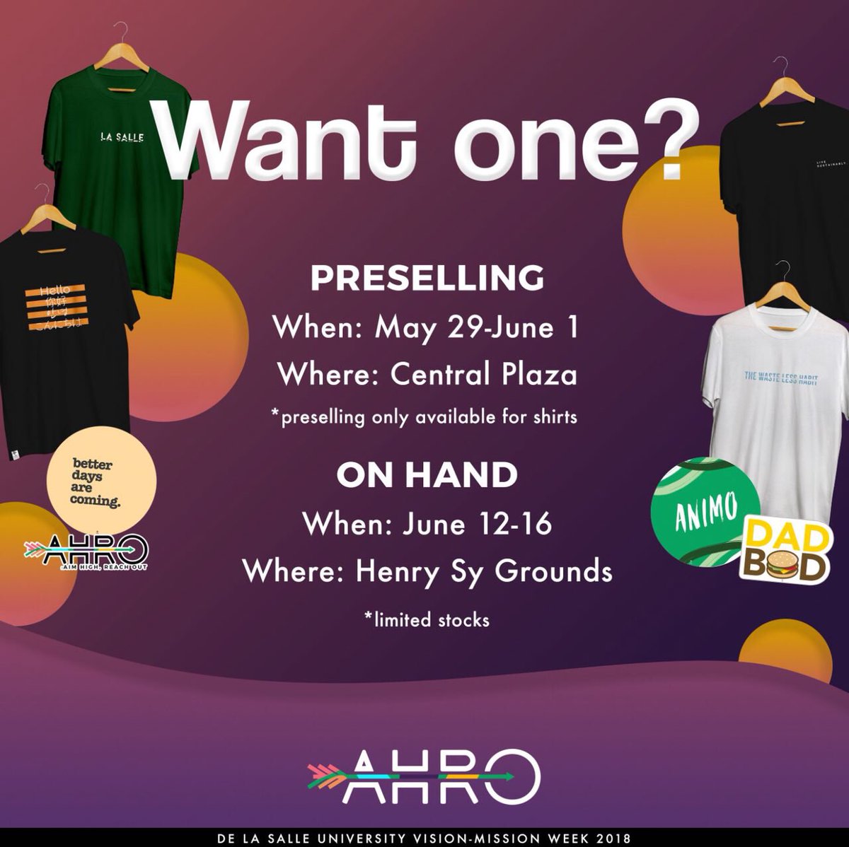 DLSUUnivWeek's tweet photo. Behold! A bunch of collectibles are up for grabs – show off your Animo pride!

BUY NOW!!!

PRE-SELLING
When: May 29-June 1
Where: Central Plaza

ON HAND
When: June 12-16
Where: Henry Sy Sr. Hall Grounds

#UnivWeek2018 #AHRO https://t.co/yzsBP9l0ie