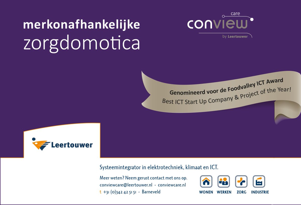 Zorgtechniek's tweet photo. Conview Care is genomineerd voor een Food Valley ICT Award.  Mooie waardering voor onze visie op zorgtechnologie! Met ons hele team zijn we vanavond aanwezig tijdens de uitreiking. @FoodValleyICTAwards  @NBEnu  #FVICTA18 https://t.co/zcXt1upGu6