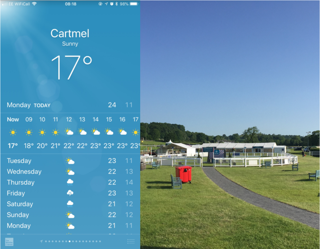 Cartmelrace's tweet photo. Its looking FANTASTIC this morning, all set up and ready to go! Don't forget we will be judging the best dressed picnic this meeting and continuing our BIG BOYZONE giveaway! ...so grab your Boyzone masks and get snapping and sharing @CartmelRace #BoyzoneatCartmel https://t.co/xRtaz64h9W
