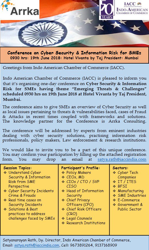 iaccindia's tweet photo. Block your date for a Conference on Cyber Security & Information Risk for SMEs at Hotel Taj Vivanta. Get all the details here https://t.co/87ANISzAYi #Savethedate #Informationrisk #cyberbreach #cybersecurity #techsecurity #cryptosecurity #Cryptocurrency #Cybercrime #IACCevent https://t.co/GoRUhG85gx