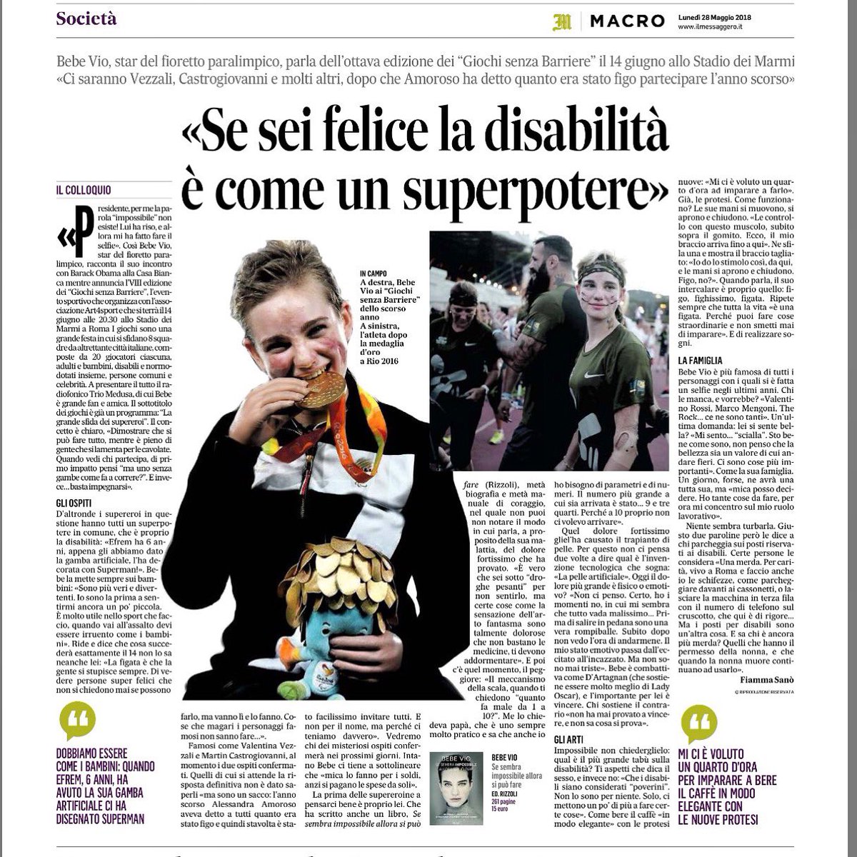 Roba di SuperEroi e SuperPoteri.  E di <a href="/VioBebe/">Beatrice Vio</a>, of course ❤️🤙🏼 <a href="/ilmessaggeroit/">Il Messaggero</a> <a href="/art4sportONLUS/">Ass. art4sport ONLUS</a> #giochisenzabarriere #bebevio #supereroi #art4sport #14giugno                                 Tks <a href="/fiammaonweb/">Fiamma Sanò</a> 😜