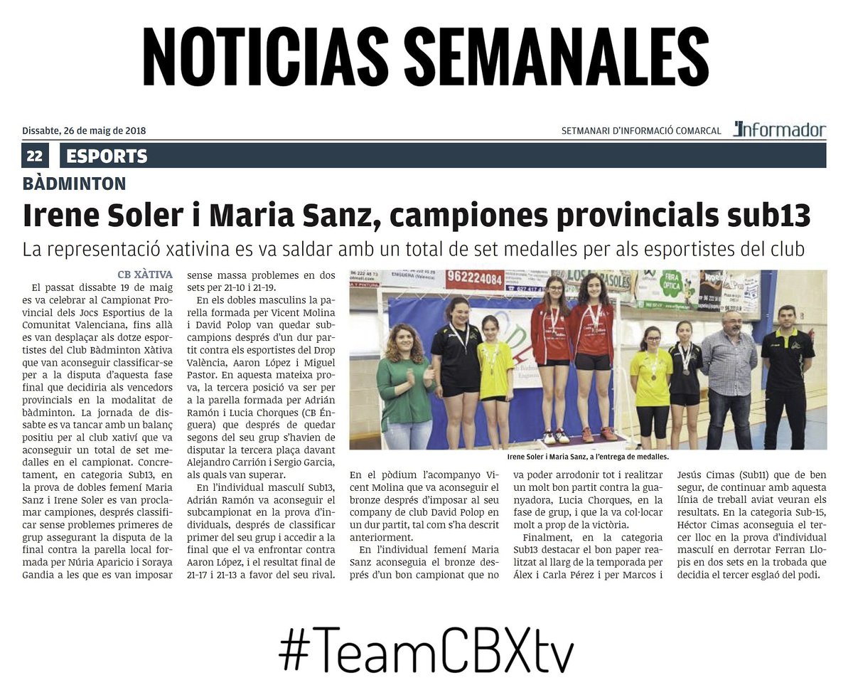 Muchas gracias al <a href="/linformadorxat/">L'Informador</a> por informar de los logros de nuestros deportistas.
Buscad vuestro ejemplar!

#TeamCBXtv 💪🏸
<a href="/PAPELERIATL/">PAPELERIA TL</a> @recressaetabis
<a href="/dentalcarralero/">Carralero Clínica Dental Avanzada</a> <a href="/caixapopular/">Caixa Popular</a>
@DecathlonES <a href="/iaadarve/">ia.adarve</a>
<a href="/CoordClubsXat/">Coord Clubs Xàtiva</a> @paldabero
<a href="/diarixativa/">DiariDigital.es</a>
#Badminton #Xativa #TeamXativa