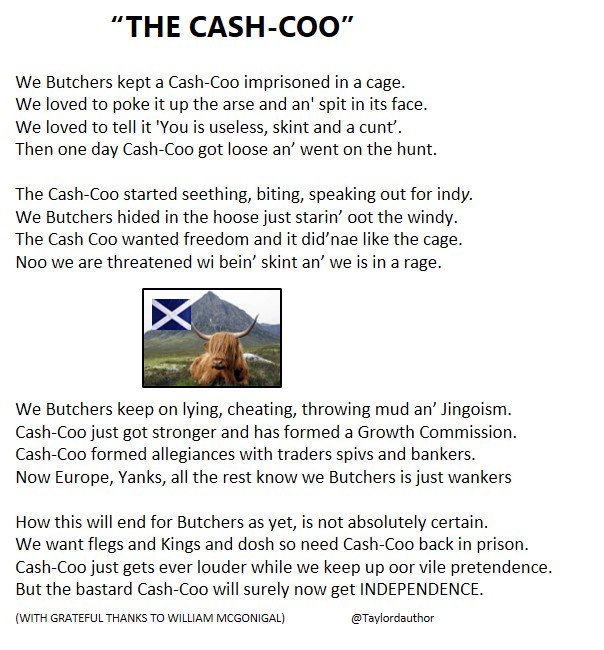 taylordauthor's tweet photo. THE CASH COO
A wee poem about #AVeryEnglishScandal for this #BankHolidayMonday
#ToriesOUT #ScotRef2018 #NoUnionHere #YouYesYet #Poetry #Poem #Scotland https://t.co/KPQRo0SA33