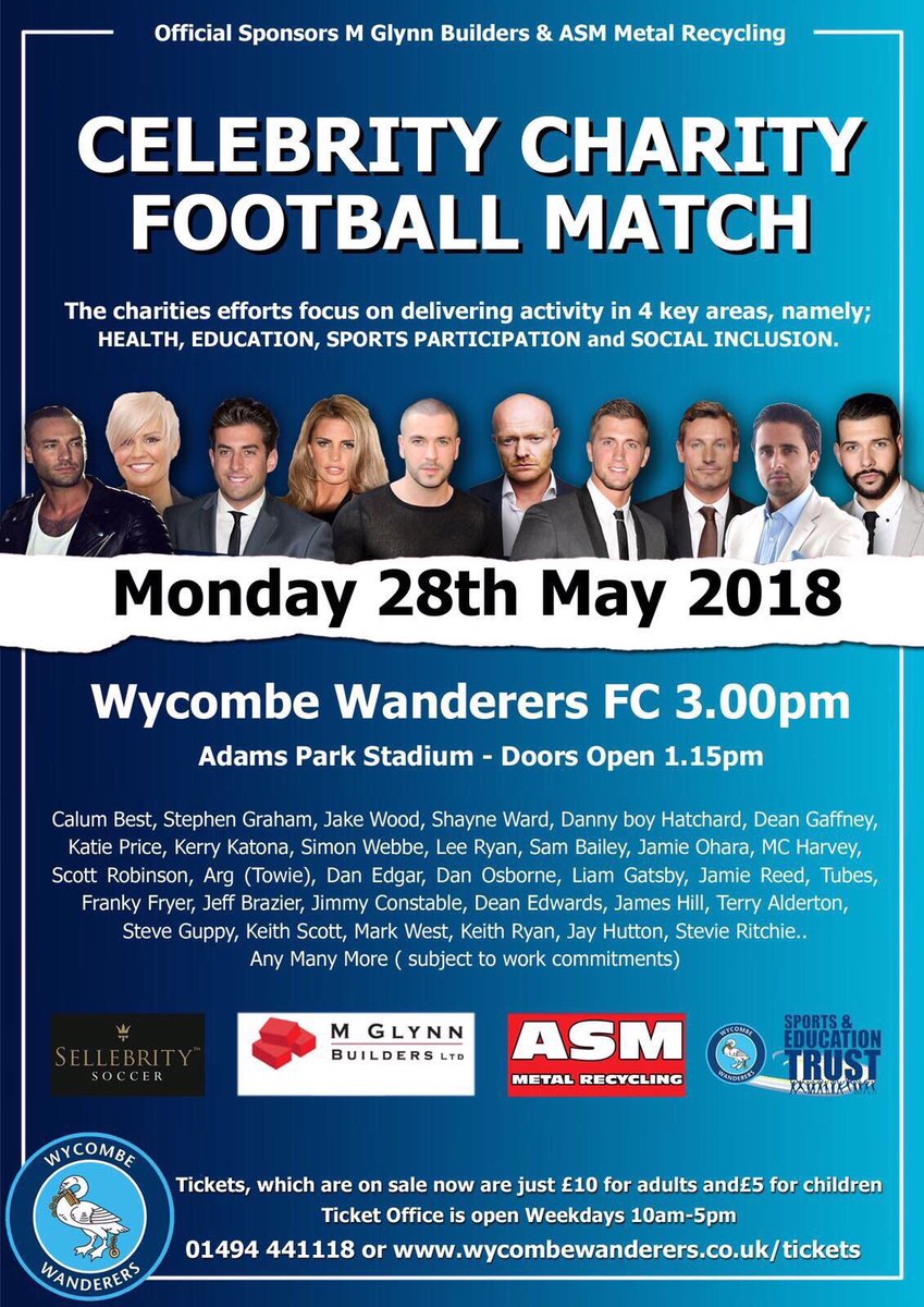 PAY ON THE DOOR TODAY ⚽

Come and watch the lads as they play the last of this season’s Celebrity Football match at Wycombe Wanderers FC ⚽

“I won’t be paying today but I will be there to support”.

<a href="/wwfcofficial/">Wycombe Wanderers</a> @WW_SET <a href="/Sellebrity_UK/">SellebritySoccer</a> 

Doors Open 1.30pm see you there