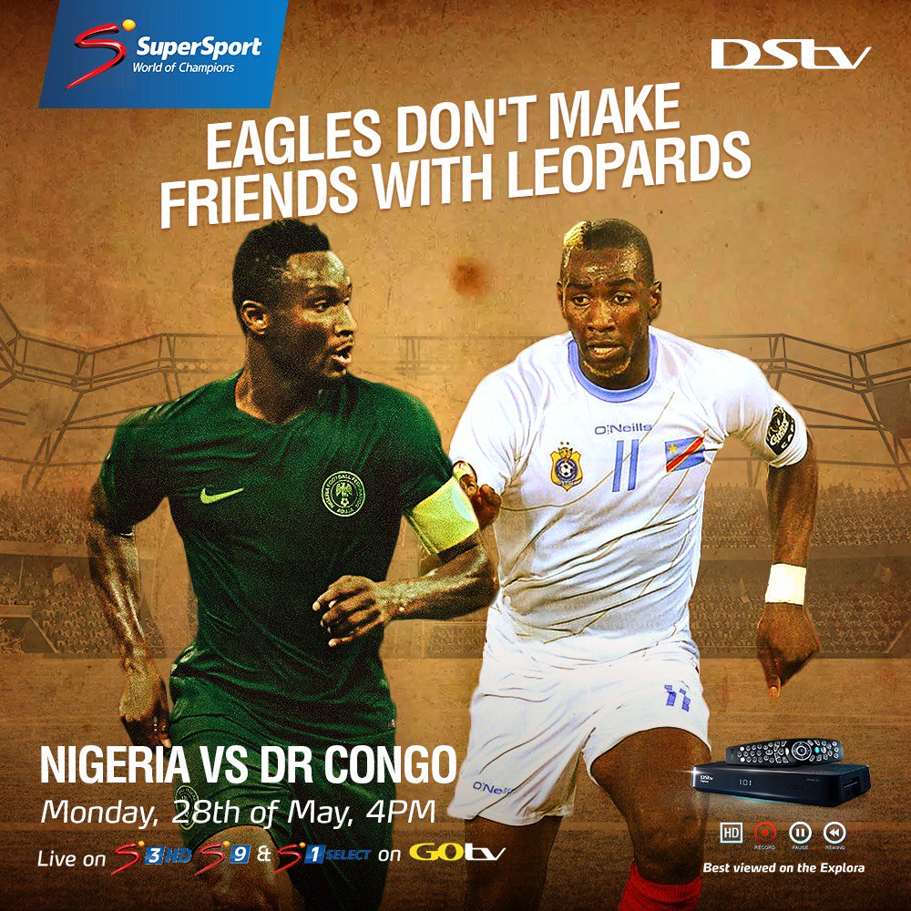 DStvNg's tweet photo. It's an epic showpiece clash this afternoon as the Super Eagles take on the Leopards in an #InternationalFriendly on your world of champions.Catch this cracker at 4pm LIVE &amp; in HD on SS3 &amp; SS9 #ConnectWithGreatness #ConnectWithSuperEagles #SSFootball #DStvFootball  #Russia2018 https://t.co/IpKPbSFlFM
