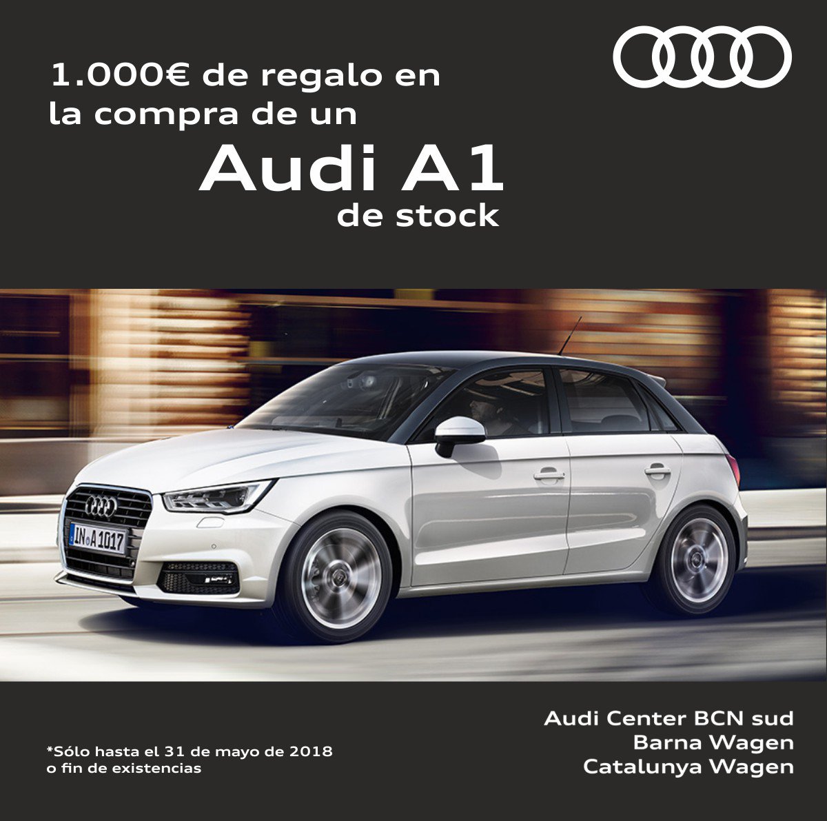 audirtbarcelona's tweet photo. Ven a Audi Center BCN sud - Barna Wagen - Catalunya Wagen y te llevarás 1.000 € de REGALO por la compra de un AUDI A1 de STOCK‼️. Más info en: https://t.co/uyHmjWZVuY
#audi #barcelona #audiretail #audia1 #a1 #promocion https://t.co/I0E90CiuR1