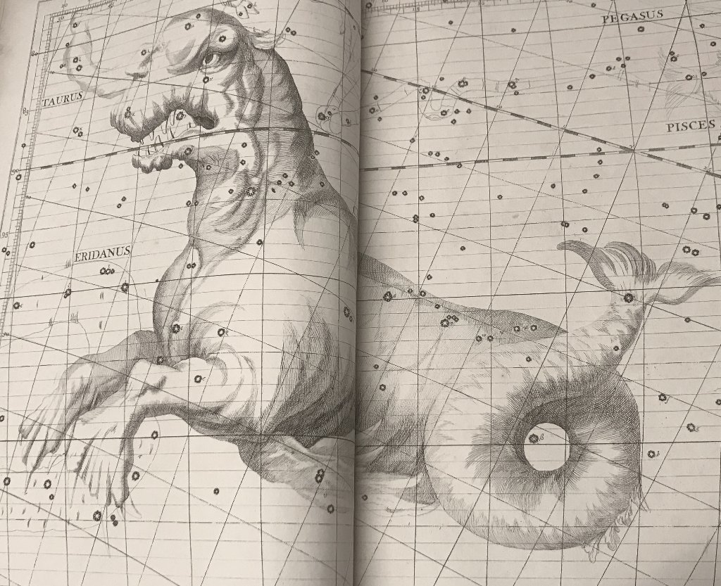 library_carlyr's tweet photo. on #MapMonsterMonday I thought I would share with you the constellation Cetus in this magnificent celestial atlas, the ‘Atlas Coelestis’ by John Flamsteed. Held in the Manchester Geographical Society collection at @UoMLibrary 💫🙀✨ #cartography #specialcollections #celestialmap https://t.co/b76tDQ8jGr