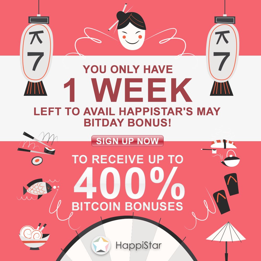 HappistarCasino's tweet photo. Before we say Sayonara to the month of MayπΈ, let's not forget that you still have a luck to receive up to 400% Bitday Bonuses from #HappiStar this monthπ°. β‘οΈ https://t.co/ZonGrHRHY1 #Bitcoin #BitcoinBonuses #onlinecasino #mobilecasino #onlinegambling #happistarrewards https://t.co/2M6HZkTVn8