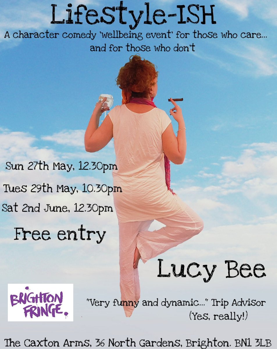 Tomorrow night is the second performance of my silly fun <a href="/brightonfringe/">Brighton Fringe</a> show, 'Lifestyle-ISH'. Come and spend an hour with my four characters, and watch me seamlessly doing my own tech, at <a href="/thecaxton/">The Caxton Arms</a> 
#comedy #brightonfringe #Fringe