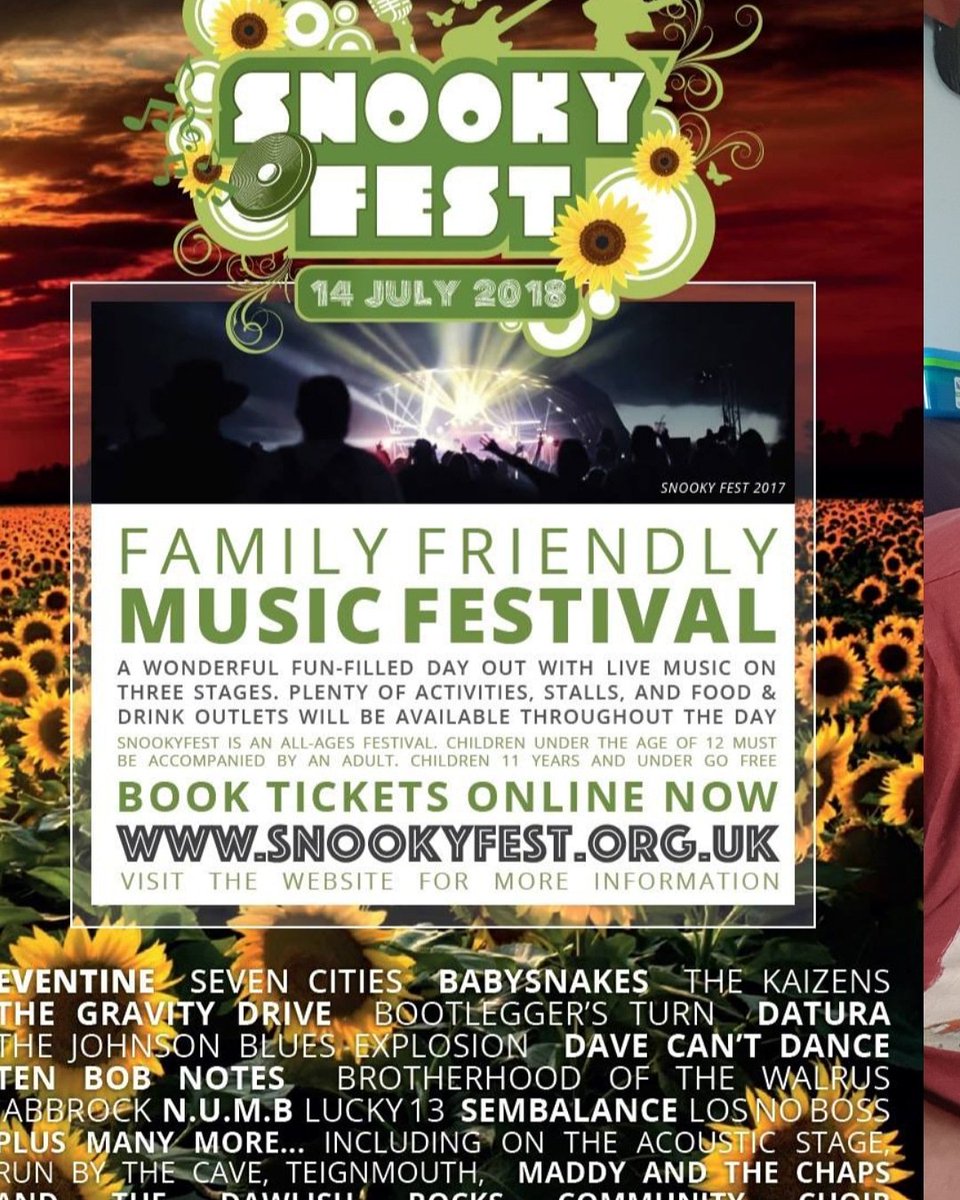 #Devon Music Festival at #dawlish #warrenfarm july the 14th <a href="/FestSnooky/">SnookyFest</a> <a href="/EventineBand/">Eventine Band</a> @SevenCities01 <a href="/DawlishGaz/">DawlishGaz</a> <a href="/daturaroots/">The Datura Roots Collective</a> <a href="/davecantdance/">Dave Cant Dance</a> <a href="/tenbobnotes/">tenbobnotes</a> <a href="/TheGravityDrive/">The Gravity Drive</a> <a href="/NUMBMUSIC/">N.U.M.B.</a> <a href="/Lucky13Apparel/">Lucky 13</a> <a href="/EyesofDawlish/">Eyes of Dawlish</a> @DawlishBeach <a href="/DevonTopDaysOut/">Devon's Top Attractions</a> <a href="/PeopleOfDevon/">People of Devon</a> <a href="/Ventons_Cyder/">Ventons Devon Cyder</a>