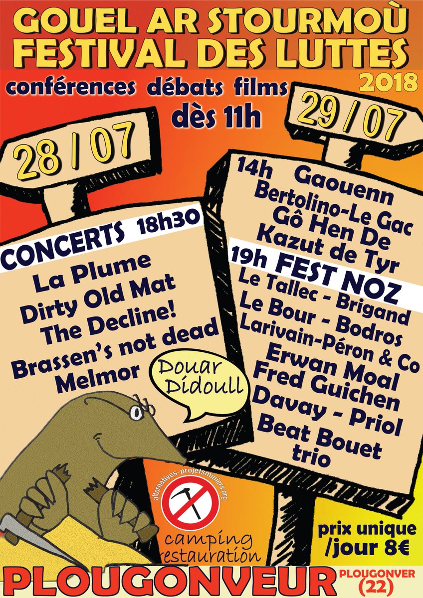 bretagne_info's tweet photo. Contre les #ProjetsMiniers en #Bretagne : participez au « Festival des luttes / Gouel ar stourmoù » les 28 & 29 juillet 2018 à #Plougonveur (22) !
➡️ https://t.co/LFu0VGQcKO
#BZH #VariscanMines #DouarDidoull #Guingamp #Variscan #Gwengamp #Plougonveur #Merléac #LocEnvel #Silfiac https://t.co/yOsUwnquJG