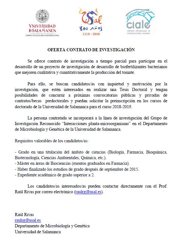 AmigosUCLA's tweet photo. #Egresado
Sí estás interesado, un grupo de investigación (España) oferta un contrato a tiempo parcial para participar en un proyecto de investigación que están realizando en @usal
Mayor info: https://t.co/TGVh3FkF2o https://t.co/jW0MKDapHL