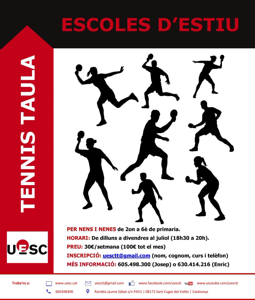 UESC_SantCugat's tweet photo. ✅ ESCOLA D'ESTIU UESC TT! 👍
📆 Juliol 2018
🏓 Inscripcions a través del correu electrònic uesctt@gmail.com
👉 Edat: nois i noies cursant entre 2n i 6è de primària
#SantCugat #UESCTT #infoUESC 🌐 https://t.co/k1bTB309RH 🔴⚫️ https://t.co/4pdqEv9zxr