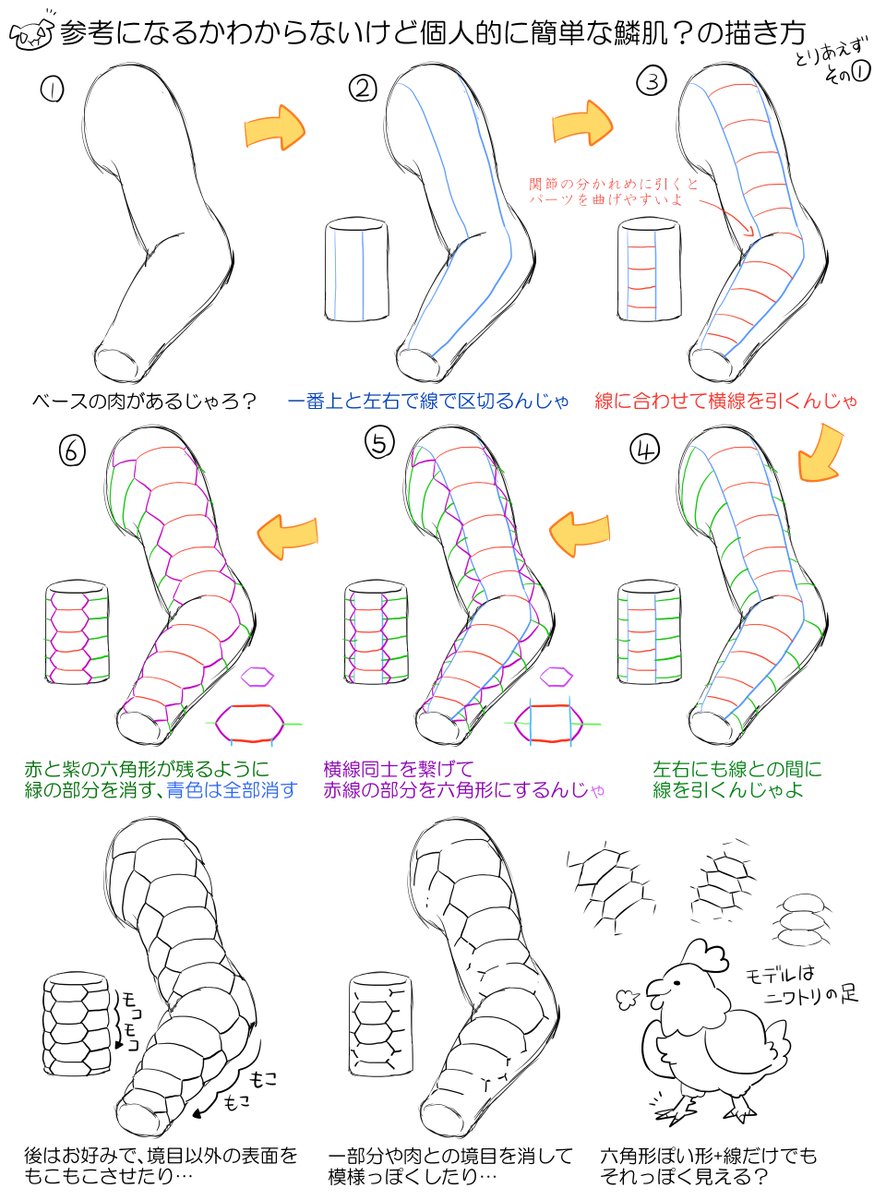 うごうゴウ A Twitter 鱗は鳥の足 蛇 の鱗 魚の鱗 亀の皮膚や甲羅あたりを主に単純化してパターンで描いてることが多いかなぁ オススメされたリクガメの肌もいい感じだったから機会があったら描き た い