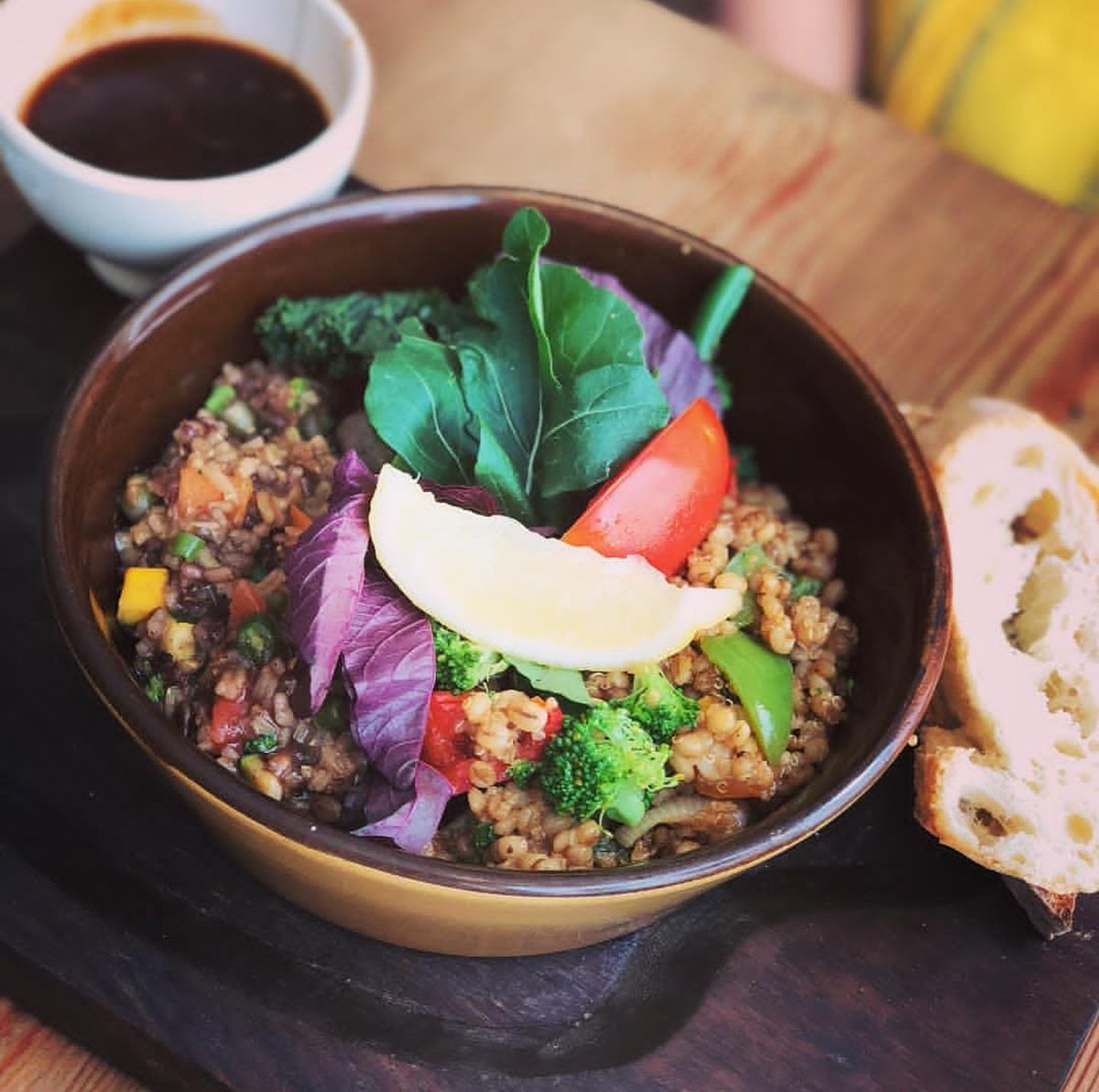 Shroomami. Our meal in a bowl for #NoMeatMonday. #vegetarian #barley #kale #mushrooms #broccoli #miso #sesameseeds #ginger