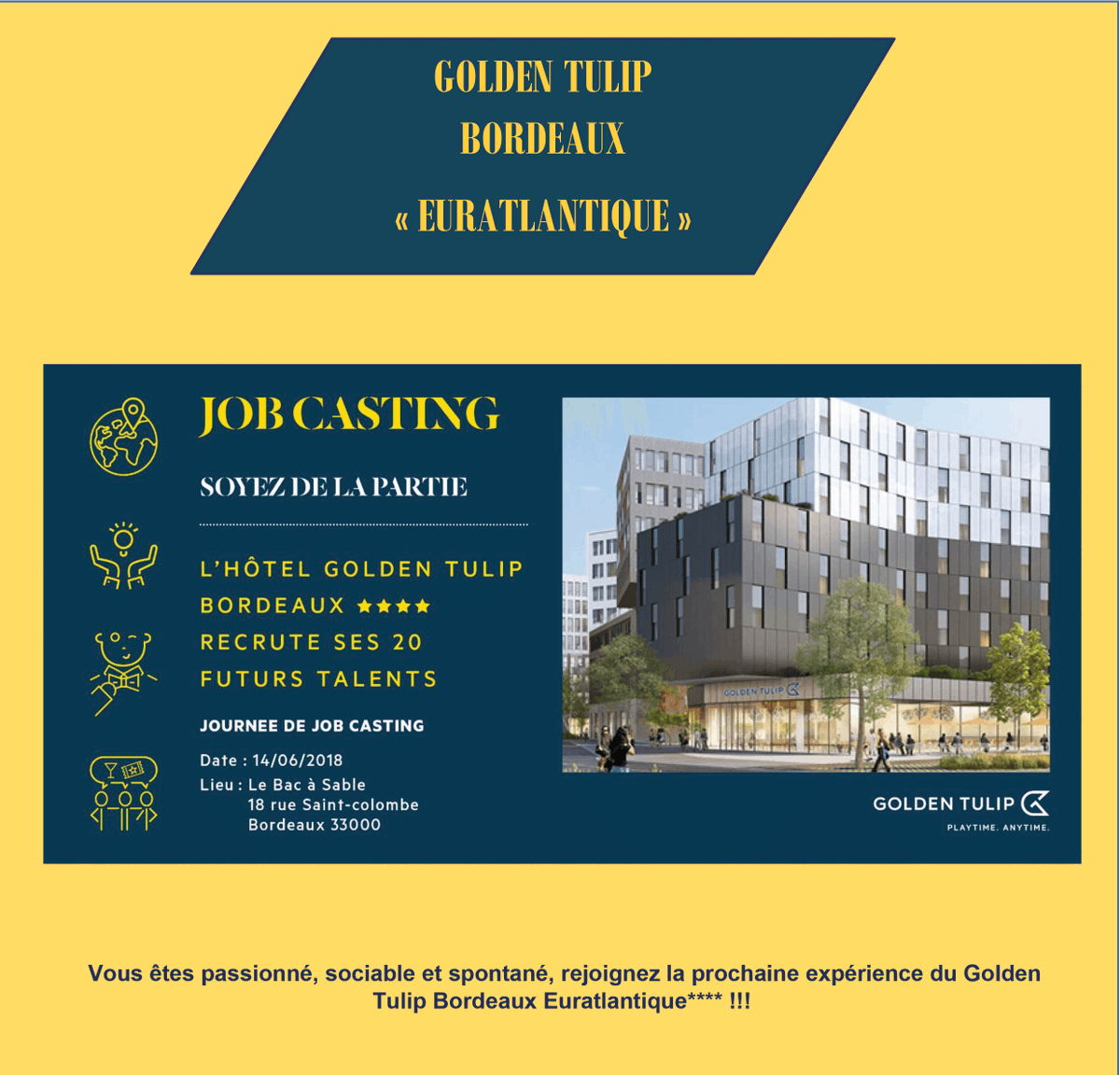 [Job Casting 📝] Le GOLDEN TULIP Hôtel**** recrute 20 nouveaux collaborateurs ! 👉 tous les détails sur notre site !!
bit.ly/2KXGuAb