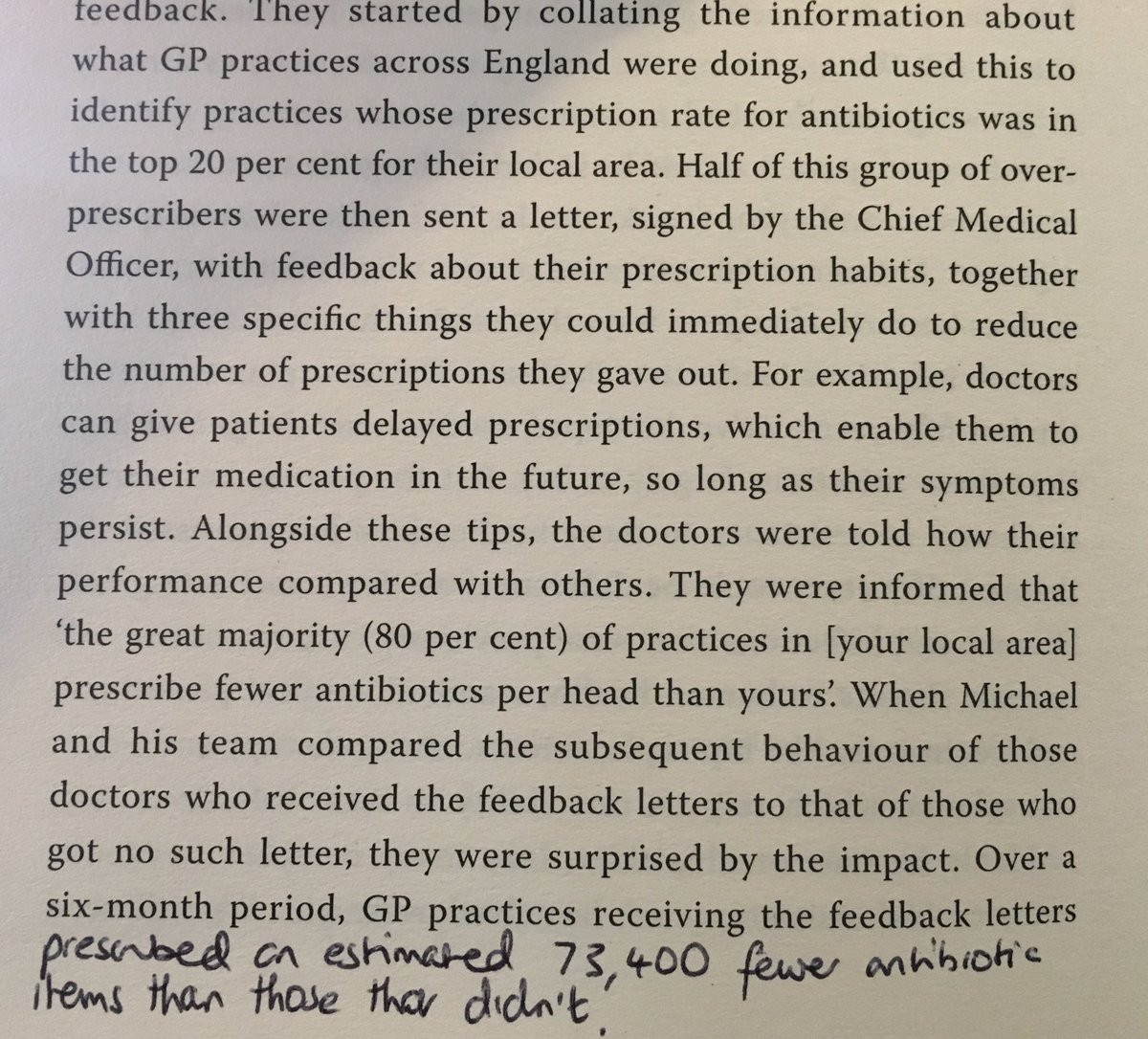 Successful series of nudges used by Behavioural Insights Team to reduce the overprescription of antibiotics 

In Think Small by <a href="/owainservice/">Owain Service</a>