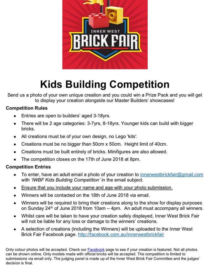 IBrickfair's tweet photo. Entries for the kids building competition are officially open so it's time to get building. See our Facebook page for further details #innerwestbrickfair #kidsbuildingcompetition #stem #brickfair #innerwest #kids #creations #competition https://t.co/KxS6b3PxMZ